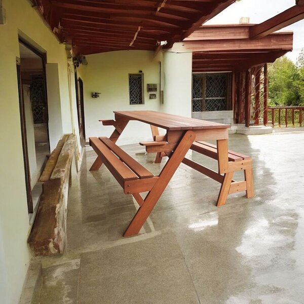 Banco Que Vira Mesa 1,60 Metros 4 Lugares, Em Cera, Madeira M