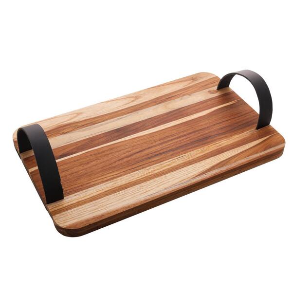 Bandeja Com Alça Em Couro Woodart Teca De Madeira 40cm