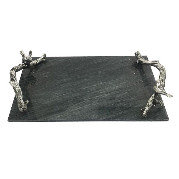 Bandeja Com Alca Em Pedra E Metal Preta E Prateada 48 5cm X