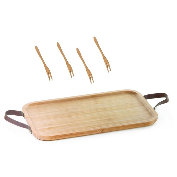 Bandeja De Bambu Com Alça De Couro  35cm E 4 Garfinhos