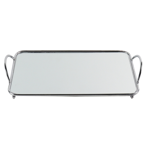 Bandeja De Espelho Com Detalhes De Metal Prata 34cm X 19cm X