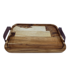 Bandeja De Madeira Feita A Mão Com Alças Em Couro 33x22x2 Cm