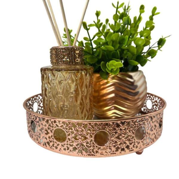 Bandeja De Metal + Difusor De Vidro + Vaso Rose Gold