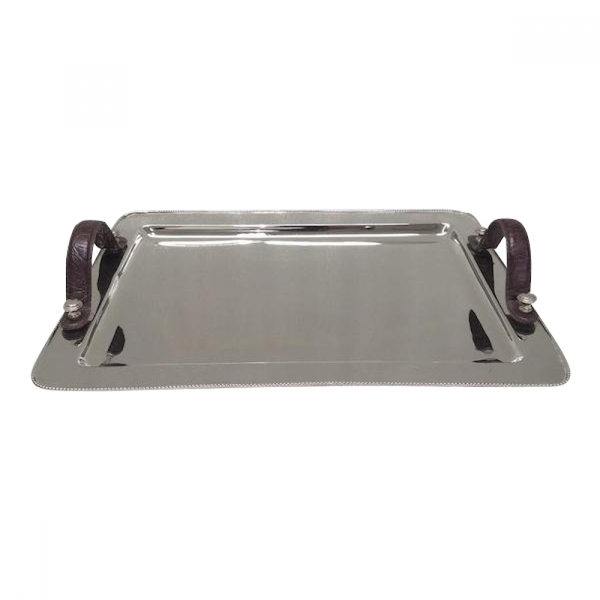 Bandeja De Metal Prata Com Alcas Estilo Couro Marrom