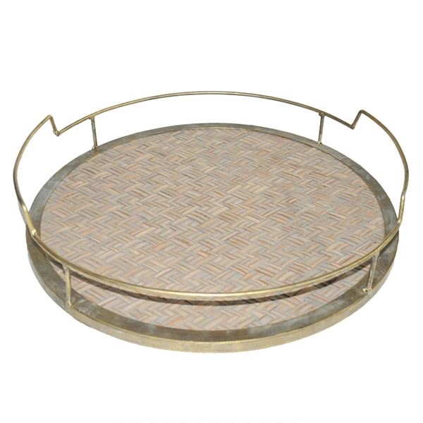 Bandeja De Rattan E Metal Dourado 40cm X 40cm X 9cm