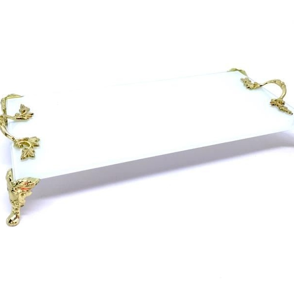 Bandeja De Vidro Branca C/ouro C/alcas 12x25