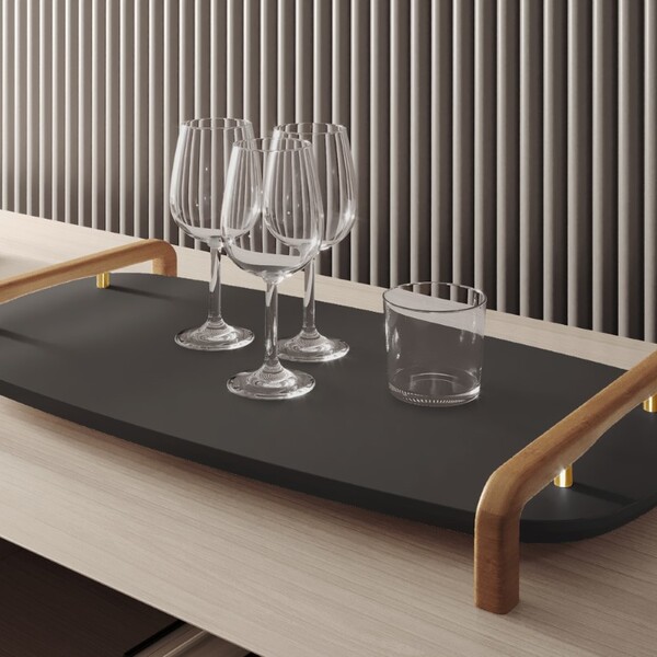 Bandeja Decorativa Barcelona Em Madeira E Detalhe Dourado Lac