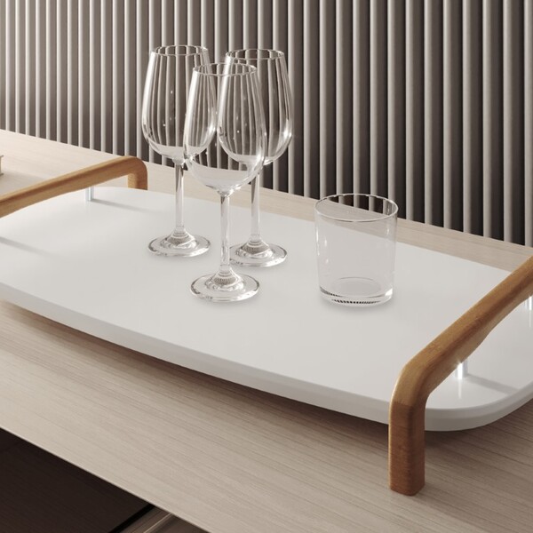 Bandeja Decorativa Barcelona Em Madeira E Detalhe Prata Laca