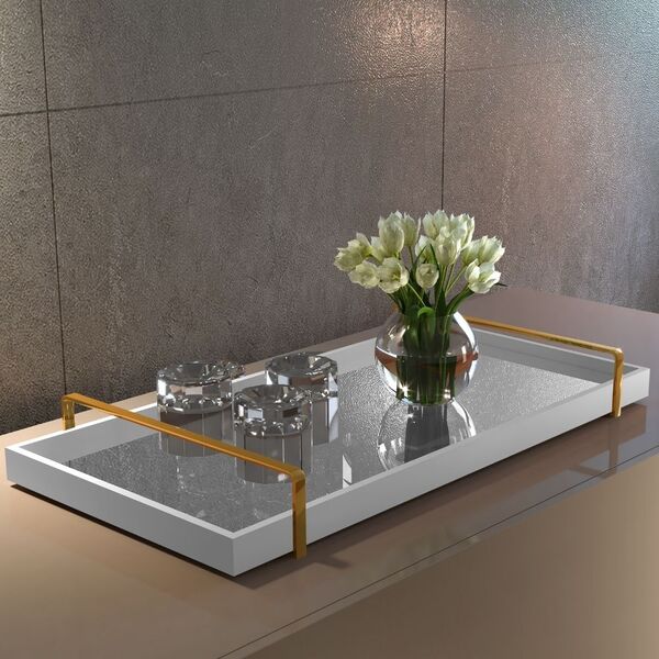 Bandeja Decorativa Branca Espelhada Alça Dourada