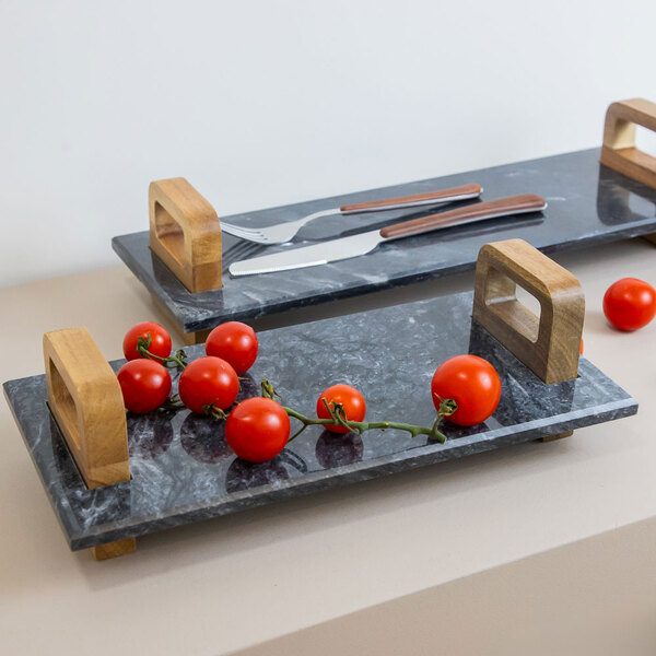 Bandeja Decorativa De Pedra Mármore Preto Com Alça De Madeira