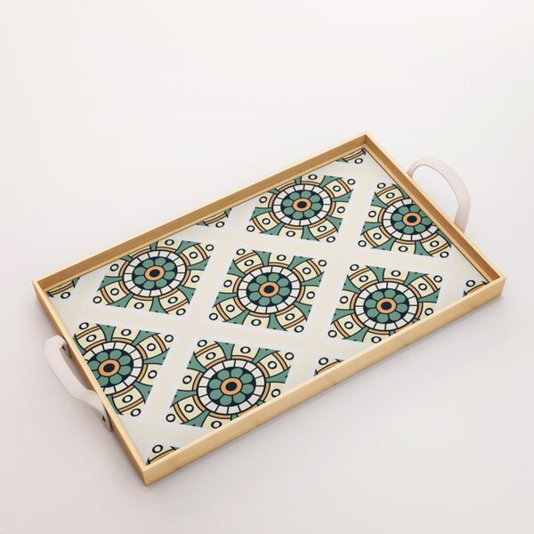 Bandeja Decorativa Média Mandala Verde E Amarelo - 40x28cm Cl