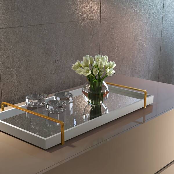 Bandeja Decorativa Off White Com Alça Ouro