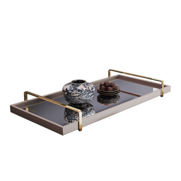 Bandeja Decorativa Off White Espelhada - Alça Dourada