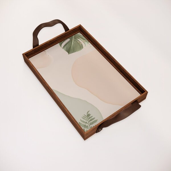 Bandeja Decorativa Pequena Abstrato E Folhas Verde - 32x22cm