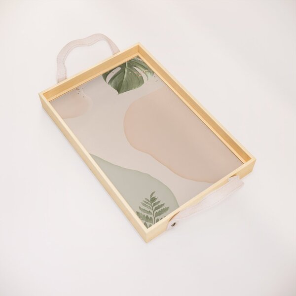 Bandeja Decorativa Pequena Abstrato E Folhas Verde - 32x22cm