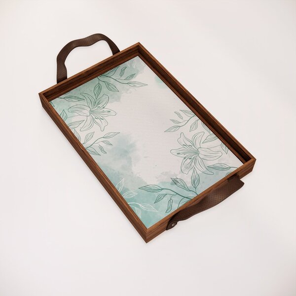 Bandeja Decorativa Pequena Aquarela E Flor - 32x22cm Marrom