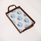 Bandeja Decorativa Pequena Flor Azul - 32x22cm Marrom