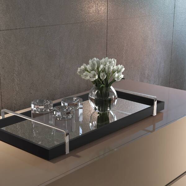 Bandeja Decorativa Preto Com Alça Prata