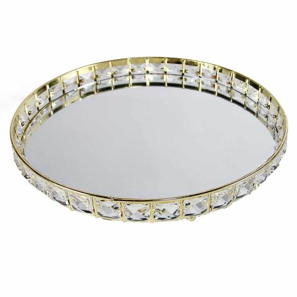 Bandeja Decorativa Redonda Dourada Cristal Com Espelho 31cm K