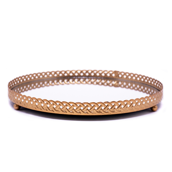 Bandeja Decorativa Redonda Em Metal Entrelaçada Rosê Com Espe