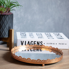 Bandeja Decorativa Redonda Em Metal Flor Rosê Com Espelho 22c