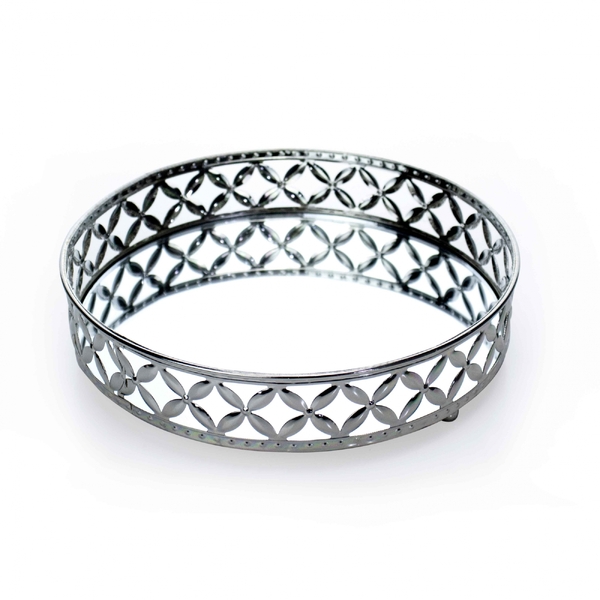 Bandeja Decorativa Redonda P Em Metal Prata Com Espelho 5x18