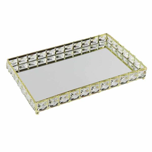 Bandeja Decorativa Retangular Dourado Cristal Com Espelho 30c