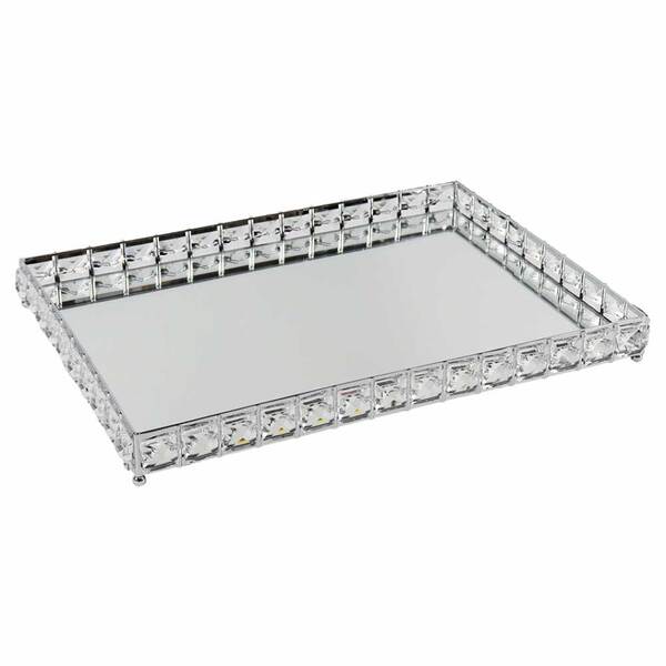 Bandeja Decorativa Retangular Prata Cristal Com Espelho 40cm