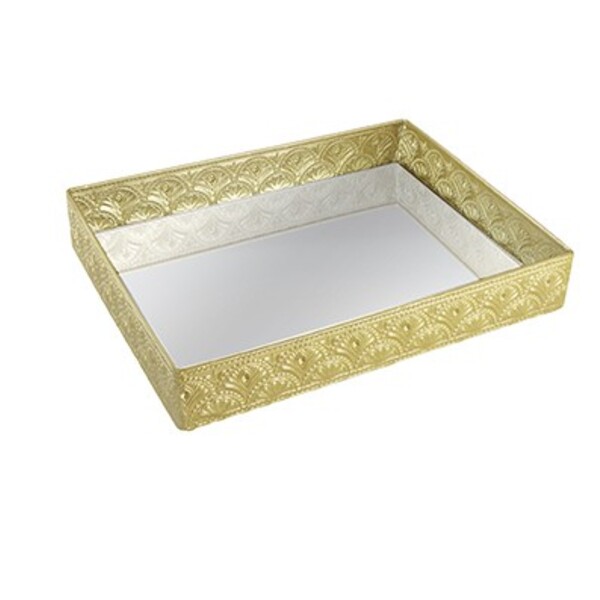 Bandeja Dourada Em Metal Com Espelho 30x23