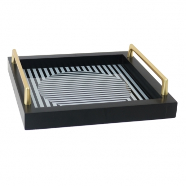 Bandeja Em Madeira  Metal E Vidro Preta E Branca Com Alças D