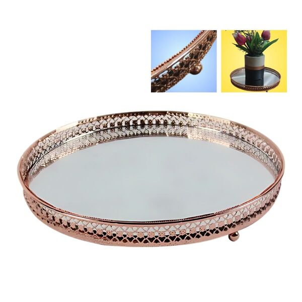 Bandeja Espelhada E Metal Cor Cobre - Redonda