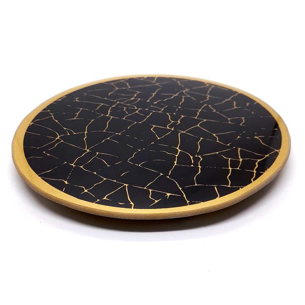 Bandeja Lavabo Sala Em Vidro Craquelado Preto E Dourado 15cm