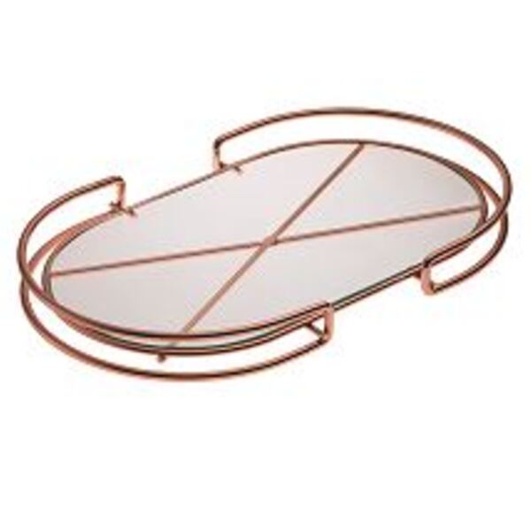 Bandeja Organizadora Oval de Aço Cobre com Base de Vidro Baka