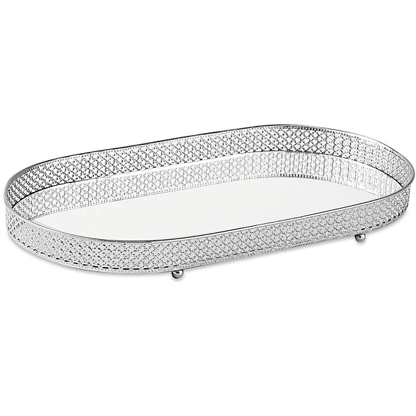 Bandeja Oval Prata Em Metal Grande Com Espelho Mart 12249