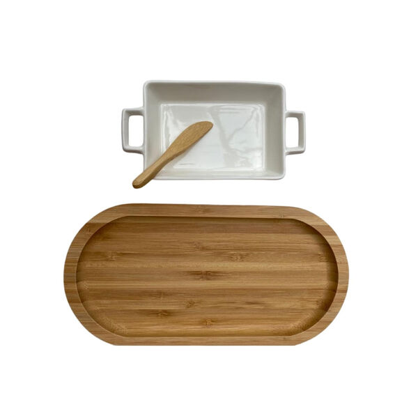 Bandeja Petisqueira De Bambu E Petisqueira De Porcelana Reta