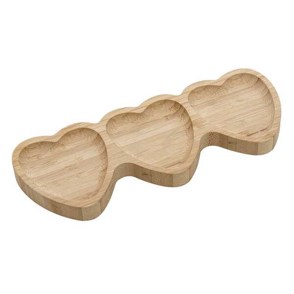 Bandeja Petisqueira De Bambu Heart Com 3 Divisórias Formato C