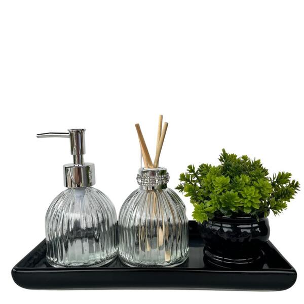 Bandeja Preta + Porta Sabonete + Difusor Vidro + Vaso Decor