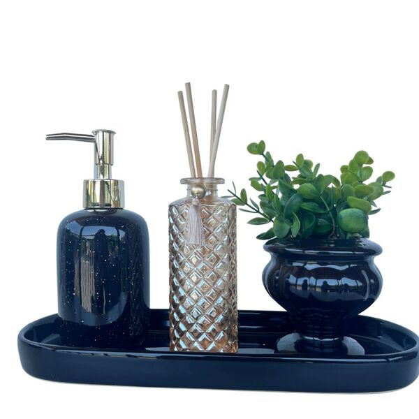 Bandeja Preta + Vaso Taça + Difusor Âmbar + Porta Sabonete