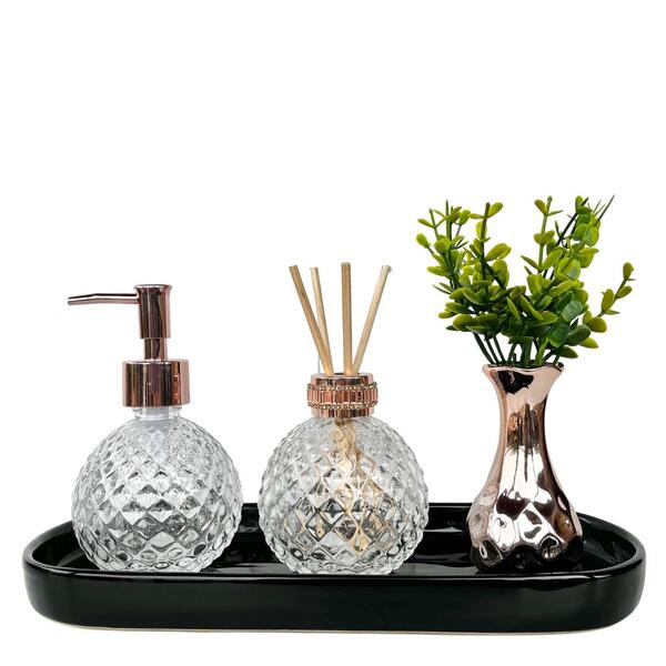 Bandeja Preta, Porta Sabonete, Difusor De Vidro E Vaso Rosê