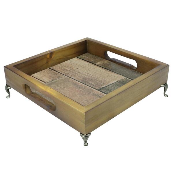 Bandeja Quadrada De Madeira Natural Demolicao Com Alca E Pe L