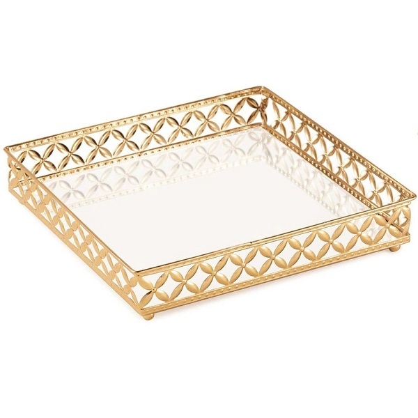 Bandeja Quadrada Dourada Em Metal Media Com Espelho Mart 12009