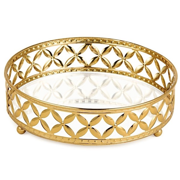 Bandeja Redonda Dourada Em Metal Grande Com Espelho Mart 11997