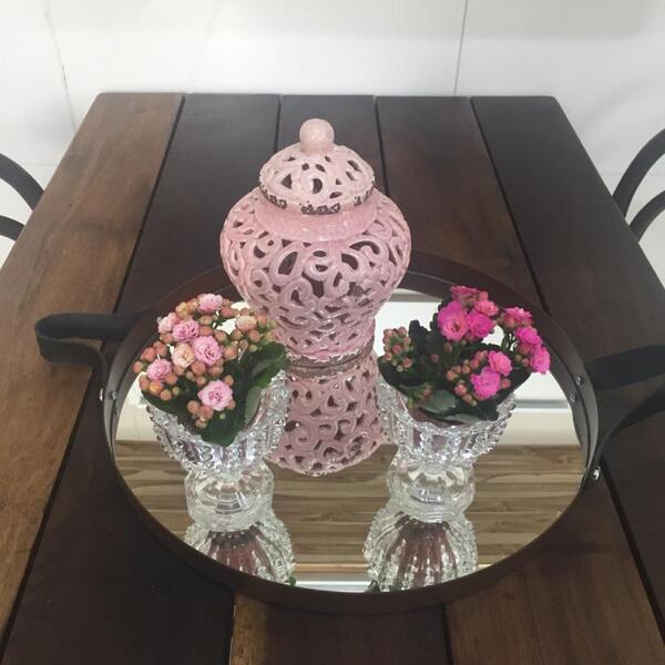 Bandeja Redonda Espelhada Com Alça Preta 40cm