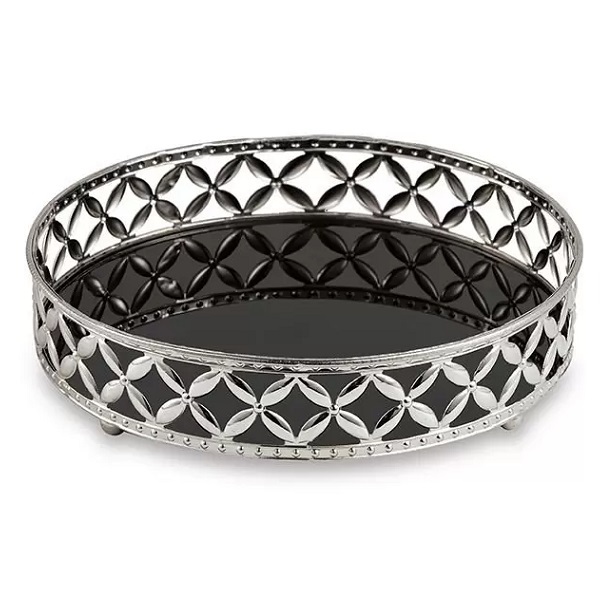 Bandeja Redonda Prata Em Metal Pequena Com Espelho Preto Mart