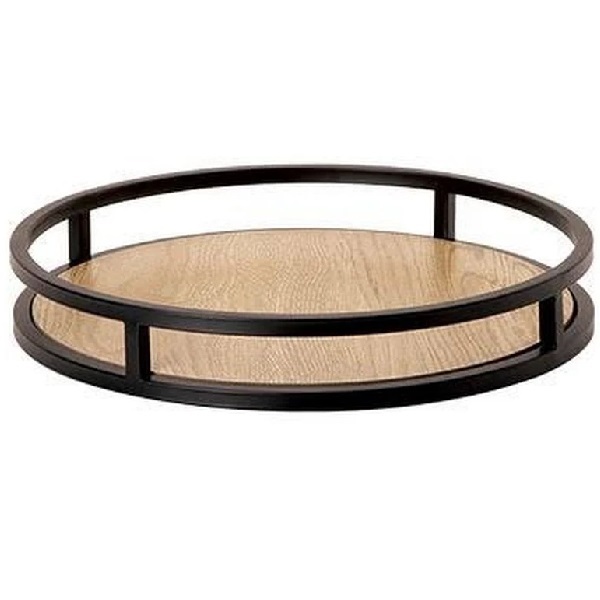 Bandeja Redonda Preta Madeira E Metal Pequena Mart
