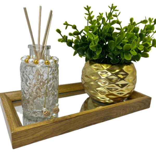 Bandeja Retangular De Mdf + Difusor De Vidro + Vaso Dourado
