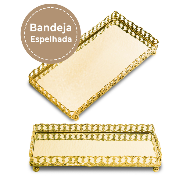 Bandeja Retangular Decorativa Metal Espelhada Cor Dourada