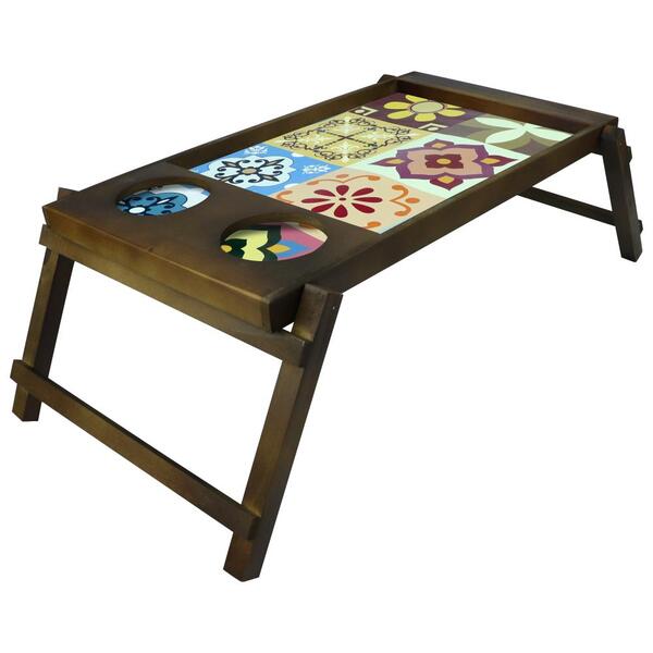 Bandeja Retangular Em Madeira Azulejo Com Pe E Porta Copos L5