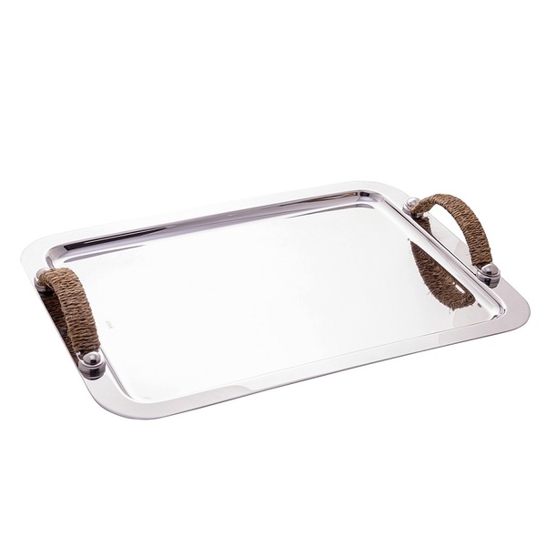 Bandeja Retangular Inox C/ Alça Em Sisal Nature - Wolff