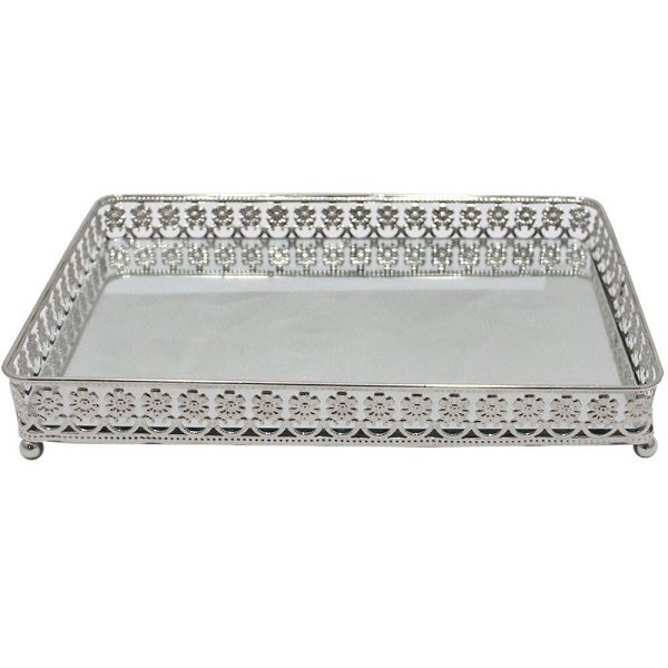 Bandeja Retangular Prata Em Metal Com Espelho Mart 7173